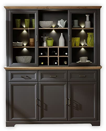 Stella Trading JASMIN Buffetschrank in Artisan Eiche Optik, Graphit - Vitrinenschrank mit LED-Beleuchtung und viel Stauraum im Landhausstil - 166 x 205 x 48 cm (B/H/T) | Buffetschrank im Landhausstil mit Glastüren und 6 offenen Fächern