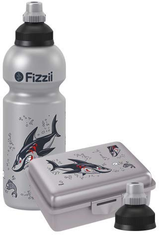 Fizzii Set Trinkflasche 600ml + Lunchbox inkl. Obst-/ Gemüsefach (schadstofffrei, spülmaschinenfest, Motiv: Hai)
