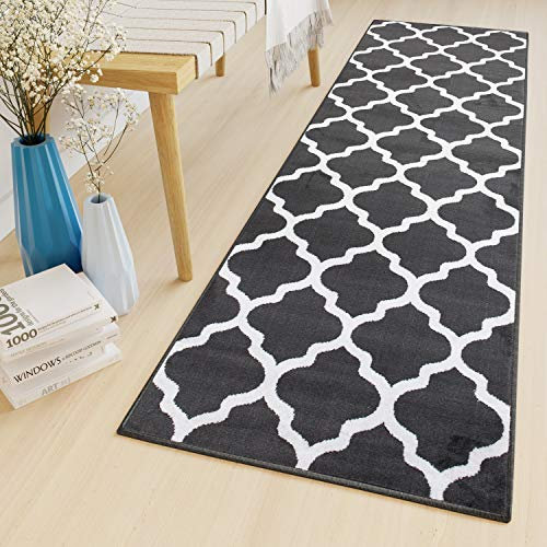 TAPISO Luxury Läufer Teppich Meterware Flur Kurzflor Brücke Modern Weiß Grau Geometrisch Marokkanisch Gitter Kleeblatt ÖKOTEX 80 x 200 cm