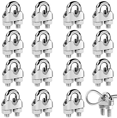 Morsetti per Cavo Acciaio, 16 pcs Clip morsetti per Fune Metallica a Forma di U per il Fissaggio di Cavi, Morsetto per Fune Metallica Adatto per Cavo Tenda da Sole Stendibiancheria e Palestra