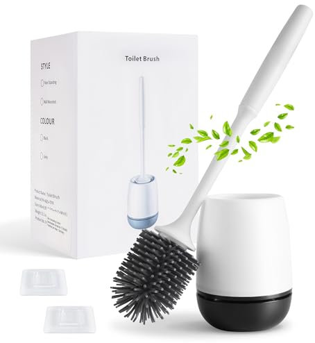 BOENFU Klobürste Silikon, WC Bürste mit Schnell Trocknendem Haltersatz, Ohne Bohren Toilettenbürste Wandmontage & Stehen für Badezimmer, Weiß