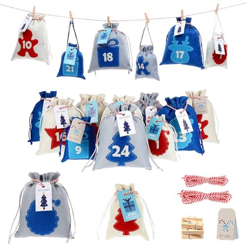 Cabilock Adventskalender zum Befüllen, 26 Stoffbeutel Kette zum selber Basteln und Aufhängen, 20 Weihnachtskalender Selbstbefüllen Geschenksäckchen für Mädchen Frauen
