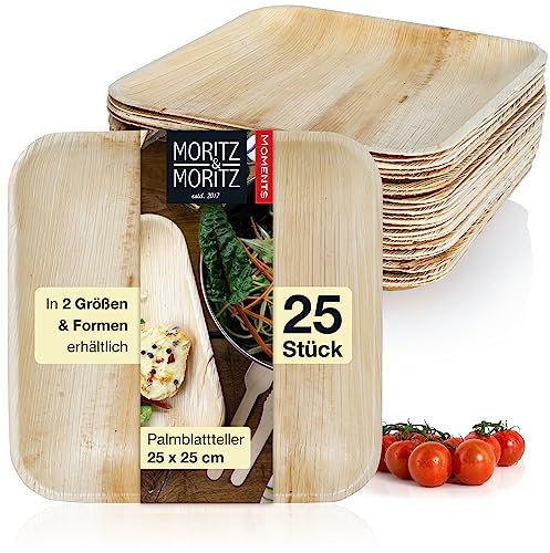 Moritz & Moritz 25 pièces carrée assiette jetable feuille de palmier - 25 assiette effet bois env. 25 x 25 cm- Alternative à assiette jetable bambou et assiette plastique jetable