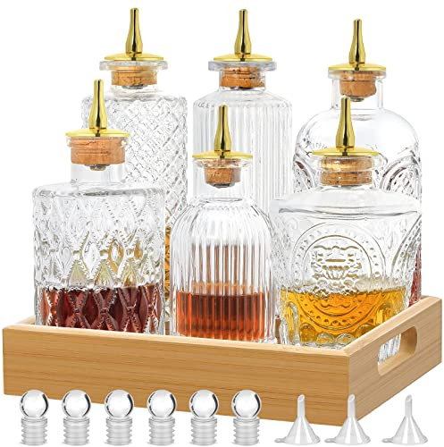 SuproBarware Bitters Flasche für Cocktail 6er Set Glasflasche mit Display Tablett Vantage Dekorative Flaschen Perfekt für Barkeeper, Hausbar, Cocktail