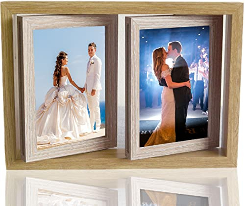 PIGPIGFLY Marco Fotos Giratorio de Doble Cara, Marco de Fotos de Madera, Capacidad Para 4 Fotos 10x15cm, Marco de Fotos de Boda