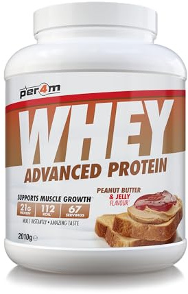 Per4m Whey Protein Powder | High Protein Shake for Muscle Growth & Recovery | Low Sugar Gym Supplement | Sports Nutrition Drink + Amino Acids (2010g, Peanut Butter & Jelly)