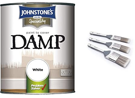Johnstone's 307955 Paint to Cover Damp White, 750ml & Harris Seriously Good Walls & Ceilings No Loss Paint Brushes | 3 Brush Pack | 1, 1.5, 2