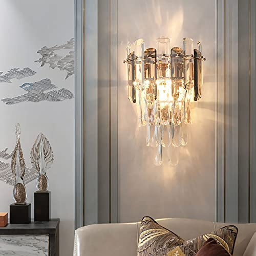Sxtiger Kristall Wandleuchte, Moderne E14 Luxus Kristall Wandlampe Innen, für Wohnzimmer Schlafzimmer Küche Flur Treppen Restaurant Hotel Beleuchtung (Grau)
