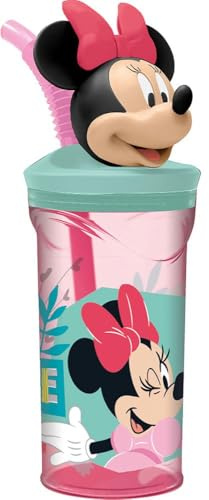 Disney Minnie 360 ml rosa Plastikbecher für Mädchen mit Strohhalm und 3D-Figur der Figur