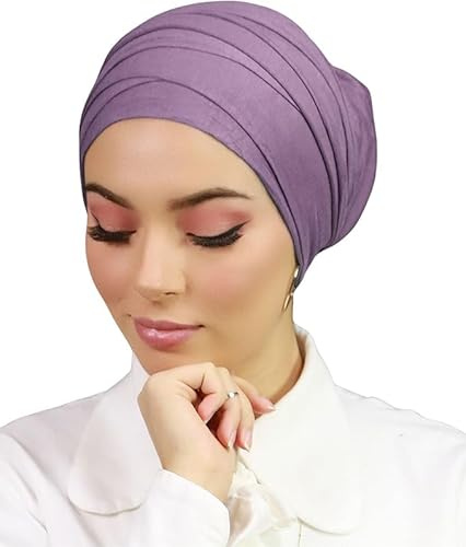 Lamis Hijab Turban dam redo att ta på mjuk och stretchig korsad frontmössa TU-2, lila, Taille unique-M