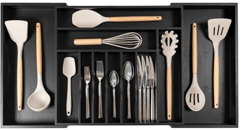 KitchenEdge Bandeja de Cubiertos y Organizador de Utensilios para cajones de Cocina, Ampliable hasta 84 cm de Ancho, 11 Compartimentos, 100% bambú