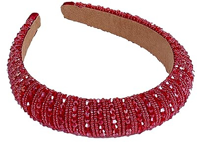 FSSTUD Damen-Strass-Stirnbänder, Glitzer, Kristall, dick, gepolstert, mit Perlen, breite Haarreifen, Haarschmuck, Rot