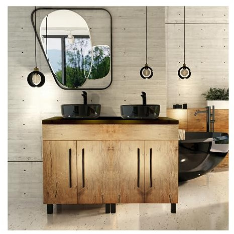 paplinskimoebel Badmöbel Vitoria Badschrank 120 x 40 x 84 cm, badezimmermöbel Set - waschbeckenunterschrank Holz 120 breit- Modernes Badezimmer - Schwarz + Eiche
