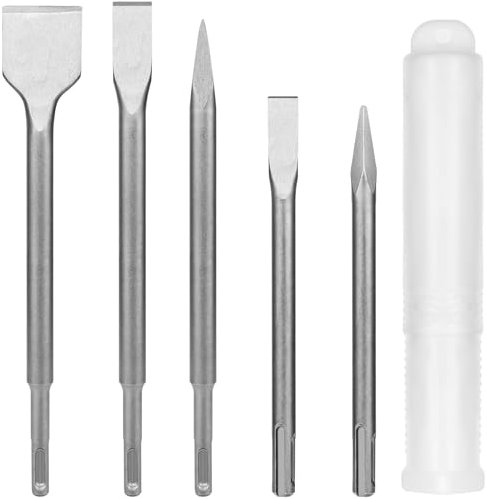 5-Piece SDS Plus Hammer Chisel Set Heavy Duty Steel SDS Drill Bit Set SDS Plus Impact Drill Bit Includes 3 Flat Chiseland 2 Point Chiselfor Concrete Tile Cement Stone Masonry and Other Brick Wall