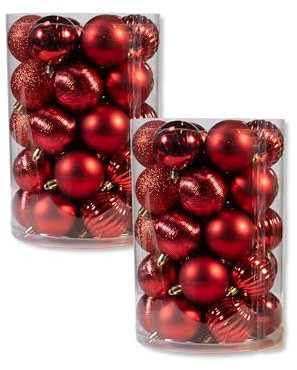 Kunststoff Weihnachtskugel rot 2 Sets - 68 Stück Ø 6cm Deko Kugel Christbaumschmuck Mix Glitzer Matt Gemustert Glänzend