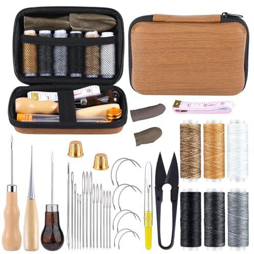 MASPHY 45 Piece Leder Nähset, Lederhandwerk Werkzeug Set, einschließlich Wachsfaden und ledernadel, Nähgarn-Kit, Komplettes Zubehör, für Leder Nähen, Polsterung Reparatur Handwerk Projekte