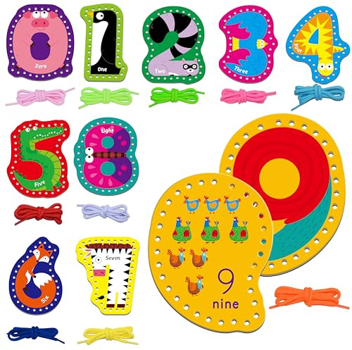 SpriteGru Kit per allacciatura numerata, doppio lato, 0-9, con 10 lacci colorati, giochi di lacci per lo sviluppo dell'immaginazione, attività educative e di apprendimento per bambini