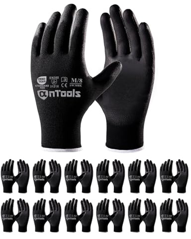 AnTools 12 Paar Schwarze Sicherheits-Arbeitshandschuhe – Rutschfeste PU-Beschichtung, Hautfreundlich & Atmungsaktiv, Für Allgemeine Arbeiten & Gartenarbeit, Unisex, Gr. 8/M