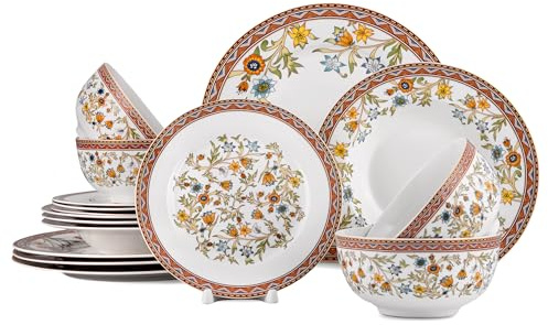 Fleurs des Prairies Service de table 16 pièces en porcelaine anglaise pour 4 personnes, fait à la main, résistant aux éclats et aux rayures, passe au four, au lave-vaisselle et au micro-ondes