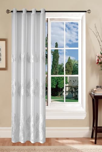 Coppia Tende Soggiorno Ricamate Moderne 2 Pannelli Decorativo per Finestre e Porte con Occhielli per Interni Camera da Letto Sala Pranzo Semitrasparenti KiraB4 cm. 140x290 - Bianco / Argento