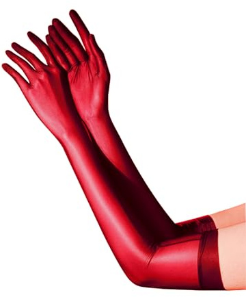 Fldy Damen Lang Handschuhe Glänzende Nylon Handschuhe Transparent Glatte Seidig-Glanz Armelstulpen Für Oper Hochzeit Brautparty Abschlussball Rot_A M