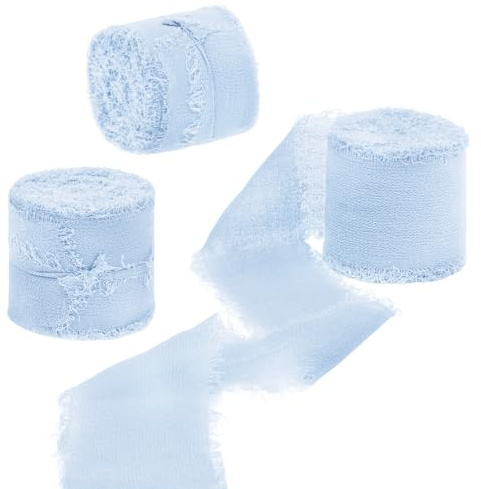 Uiopa 3 Rollos Cinta de Gasa, 4cm x 15m Cinta Regalo con Flecos, Cinta Azul Cielo Decorativa de Tela para Envolver Regalos, Invitaciones de Boda, Ramo de Flores, Manualidades