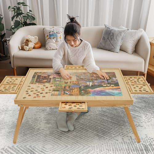 YKHALLYBEE Pusselbord 1 500 delar träpusselbräda med ben, 87 cm x 67 cm pusselbräda med 4 lådor och lock, vikbart ben pusselbord för vuxna naturlig