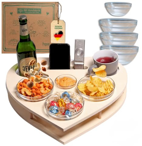 PEGSEN Herz Couchbar in Weiß mit 4 Glasschalen - Couch Tablett für Snacks & Getränke [stabil & sicher] Snackbar für die Couch inkl. Getränkehalter - Couch Bar Snackbox für Kaffeetassen und Wein