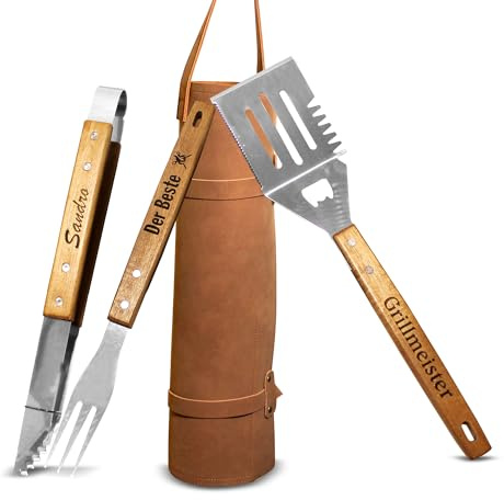 Grillbesteck personalisiert Set mit Gravur Akazienholz Edelstahl | mit Tasche, Grillzange, Grillset, Männergeschenk, Grillgeschenk für Männer Grillzubehör (Set mit Rolle und Gravur)