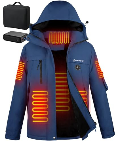 Brimekey Chaqueta Calefactable Hombre con Forro Polar, Abrigo Calefactable con Batería Externa 7,4V 12000mAh, Chaqueta Impermeable Antiviento 6 Zonas de Calor 3 Niveles para Ski Senderismo Camping