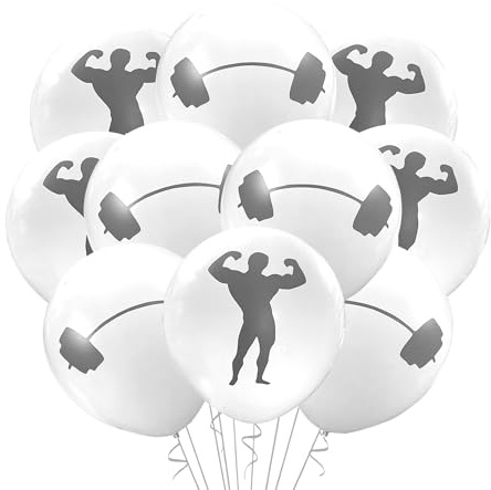 12 Count Gym Balloons Latex, Muscle Flex Dumbell Birthday Party Theme Decoration, Weightlifting, Powerlifting, Bodybuilding, 12 Inch Standard Size (Flex & Barbell)