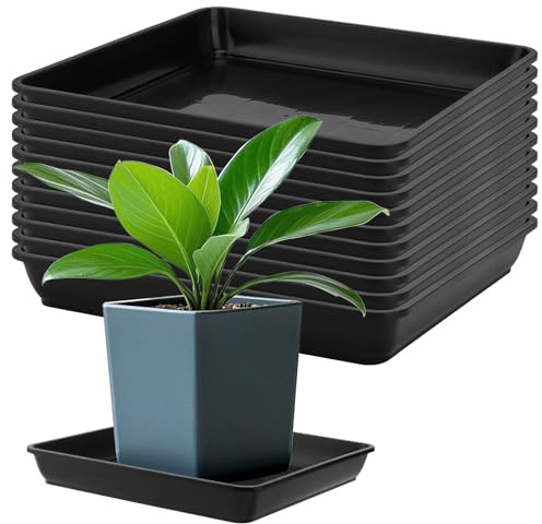 ZOENHOU Quadratische Blumentopf-Untersetzer, schwarze Kunststoff-Pflanzschalen, Abtropfschale für Töpfe, quadratische Blumentopf-Tabletts, 29,1 x 4 cm, Innendurchmesser 277 mm, 3 l, 12 Stück