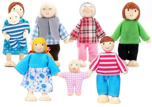 LATRAT Puppenhaus Puppen Familie Set, Puppenhaus Zubehör Holz für Puppenstube Geschenk, Holzpuppe Spielzeug für Kinder Puppenfamilien
