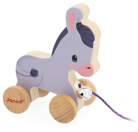 Janod Burro de Madera con Campana - Juguete para Tirar y Empujar - Habilidades motoras y Entrenamiento de la imaginación - Cuerda de 50cm Apta para Manos pequeñas - A Partir de 12 Meses