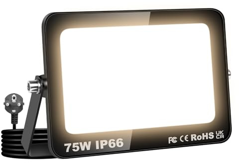 RIGIDON 75W Projecteur Exterieur, 7500LM Spot Led Extérieur avec Prise | 3000K Blanc Chaud, IP66 Imperméable Éclairage de Sécurité, Projecteur Led pour Jardin Patio Cour Garage Entrée Allée