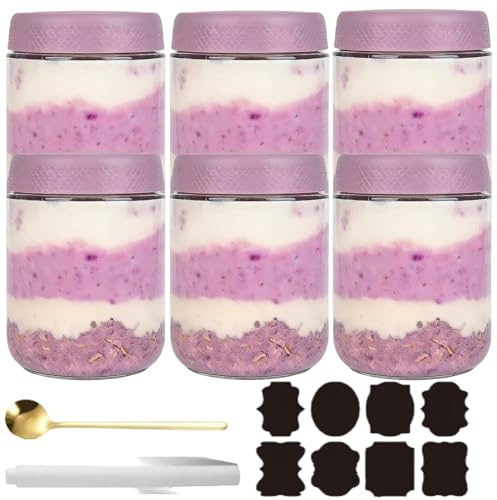 CNKHDZ 4 st blå 300 ml övernattning havregryn måltid prep sallad mat müsli mellanmål behållare pudding yoghurt förvaring förseglad burk (6 lila, 500 ml)