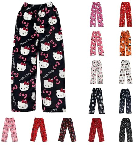 Générique Bas de Pyjama Femme Polaire, Pantalon Pyjama Femme Flanelle Chaud et Doux Confort Imprimé de Cartoon Chat Anime Kawaii Mode Décontracté Vêtements de Nuit Pantalons pour Maison Lounge Cadeau
