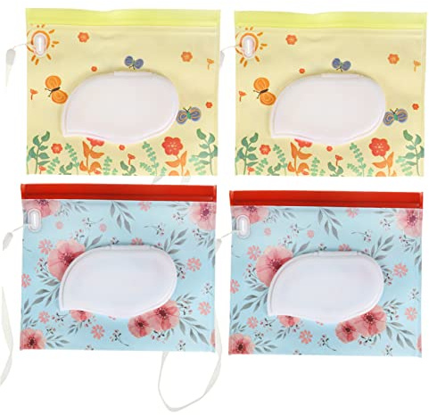 Feuchttücherbeutel aus Eva mit Druckknopfverschluss, 4 Stück-pack | Trageriemen, zum Befestigen an Einkaufswagen und Türgriffen, für Makeup Entferner Tücher