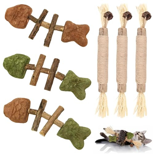 DBAILY - Juego de 6 juguetes de hierba para gatos, 3 palitos de hierba y madera para masticar, cuidado dental y mal aliento de gatos
