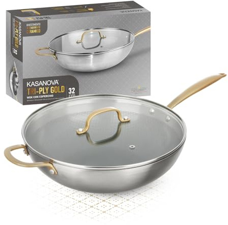KASANOVA Wok 32 cm triplo strato Tri Ply - Gold con coperchio