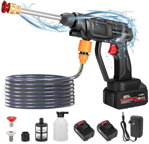 Nettoyeur haute pression sans fil 60 bar, 300 W, portable, haute pression, avec 2 batteries de 1500 mAh, buse de pulvérisation réglable, tuyau de 5 m, machine à laver pour le nettoyage du sol du