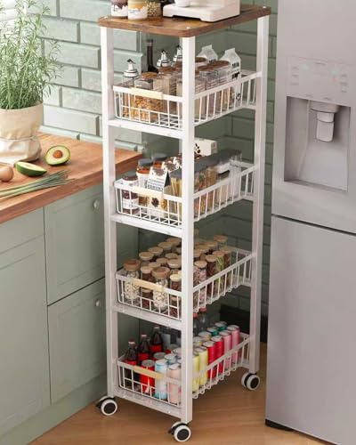 Ornestia 5-tier Vegetable Rack with Wooden Top for Kitchen Storage（White | kitchen shelves,Trolley on Wheels for kitchen Organisation, Pantry, Office (40cm*30cm*107cm)