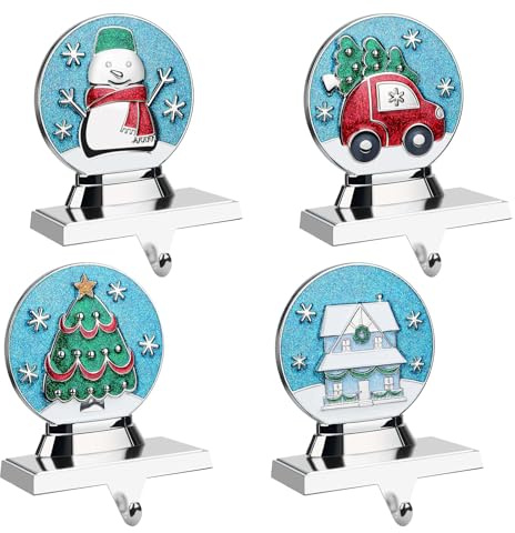 EBANKU Set da 4 Supporti per Calze Natalizie da Camino, Ganci Decorativi in MetallO - Decorazione Festiva con Albero, Pupazzo di Neve, Macchina - Portacalze per Camino