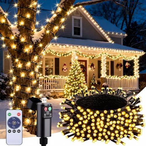 Outdoor Battery Christmas Fairy Lights - 15M 150 LED USB Rechargeable Tree Light Battery Operated With Remote, Waterproof Warm White Xmas Outside Lighting For Indoor Garden Party Bedroom Decorations