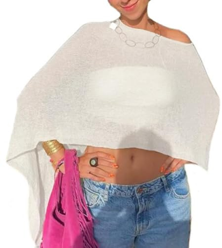 Women Sheer Poncho Top Crochet Lightweight Shawl Beach Cover Up Rave Festival Vacation Outfits Summer Going Out Tops White