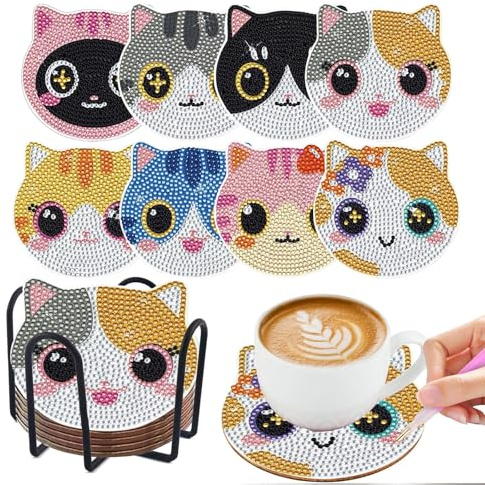 CAYUDEN 5D Diamond Painting Untersetzer Mit Halter, 8 Stück Kawaii Deko Diamant Painting Kreativ Katzen Tassenuntersetzer DIY Set Erwachsene Glasuntersetzer Basteln Mädchen Geschenk für Frauen,Kinder