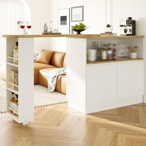 KOMHTOM Table de Bar Extensible avec Espace de Rangement, Meuble Bar avec 2 Portes en Verre, Rotation Libre à 360 °, étagères latérales (Blanc)
