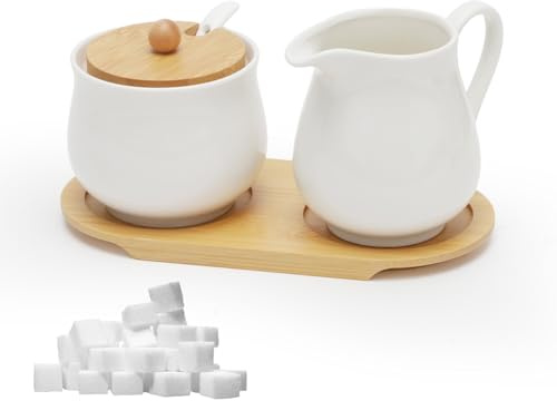 Yuragim Milch und Zucker Set mit Deckel und Löffel, 5-teilig Keramik Milchkännchen und Zuckerdose mit Holz Tablet,Milch- & Zuckerbehälter für Küche Kaffee Mikrowellen- und Spülmaschinenfest (Weiß)