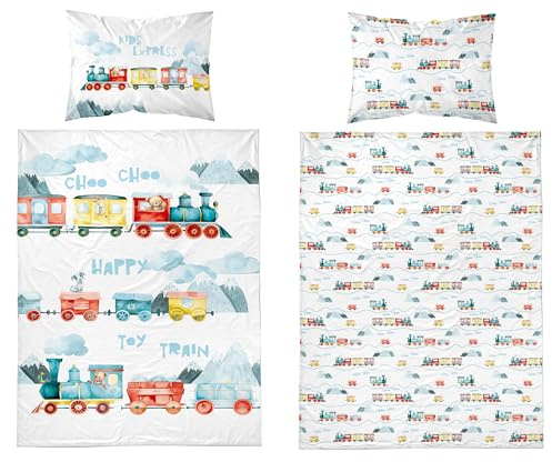 Detexpol Babybettwäsche Set Eisenbahn – 100x135 cm + 40x60 cm – 100% Baumwolle, Öko-Tex Standard 100, atmungsaktiv & hautfreundlich, Jungen & Mädchen, Wende-Bettwäsche mit Reißverschluss (Grün)