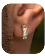 PRTGL Mens Earrings - 14ct Gold Plated Channel Set Rectanguler Cubic Zirconia Huggie Hoop Earrings for Man
